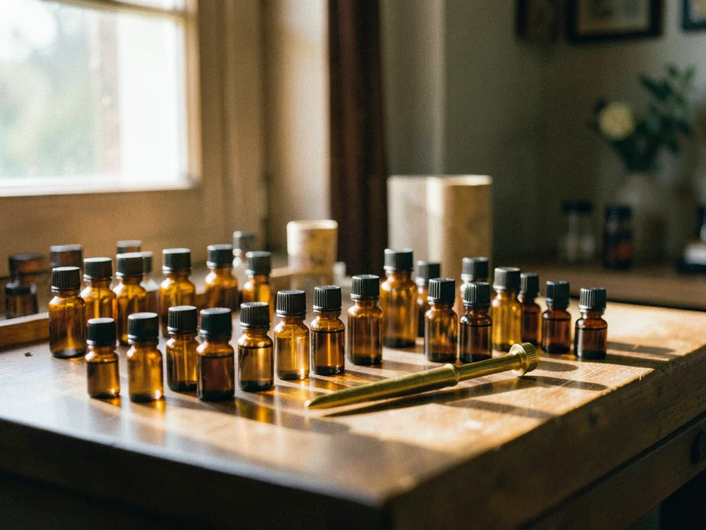 A perfumer's organ desk of amber sample vials and a brass pipette